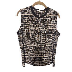Calvin Klein Tank Blouse Black Tan Animal Print Pockets Womans PXL